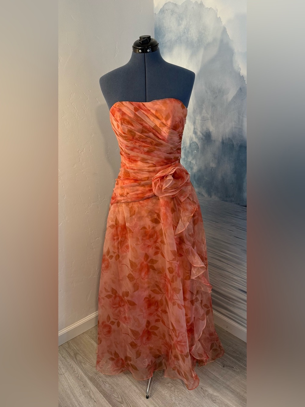 Strapless Floral Organza Evening Dress in Coral #290